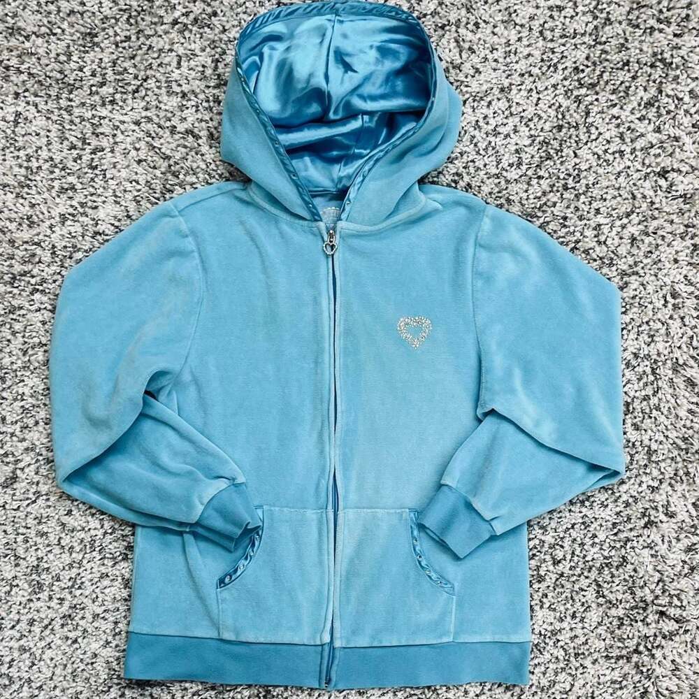 Arizona Y2K Velour Zip-Up Hoodie Blue Heart Embellished